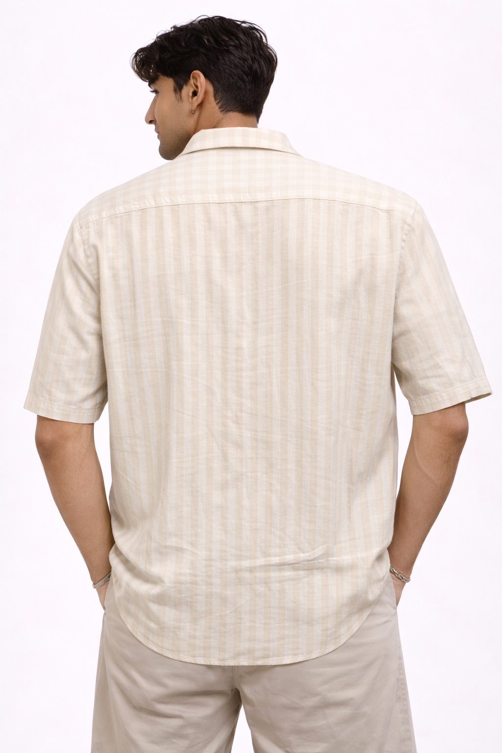 Men’s Cream Tonal-Stripe Linen-Blend Shirt