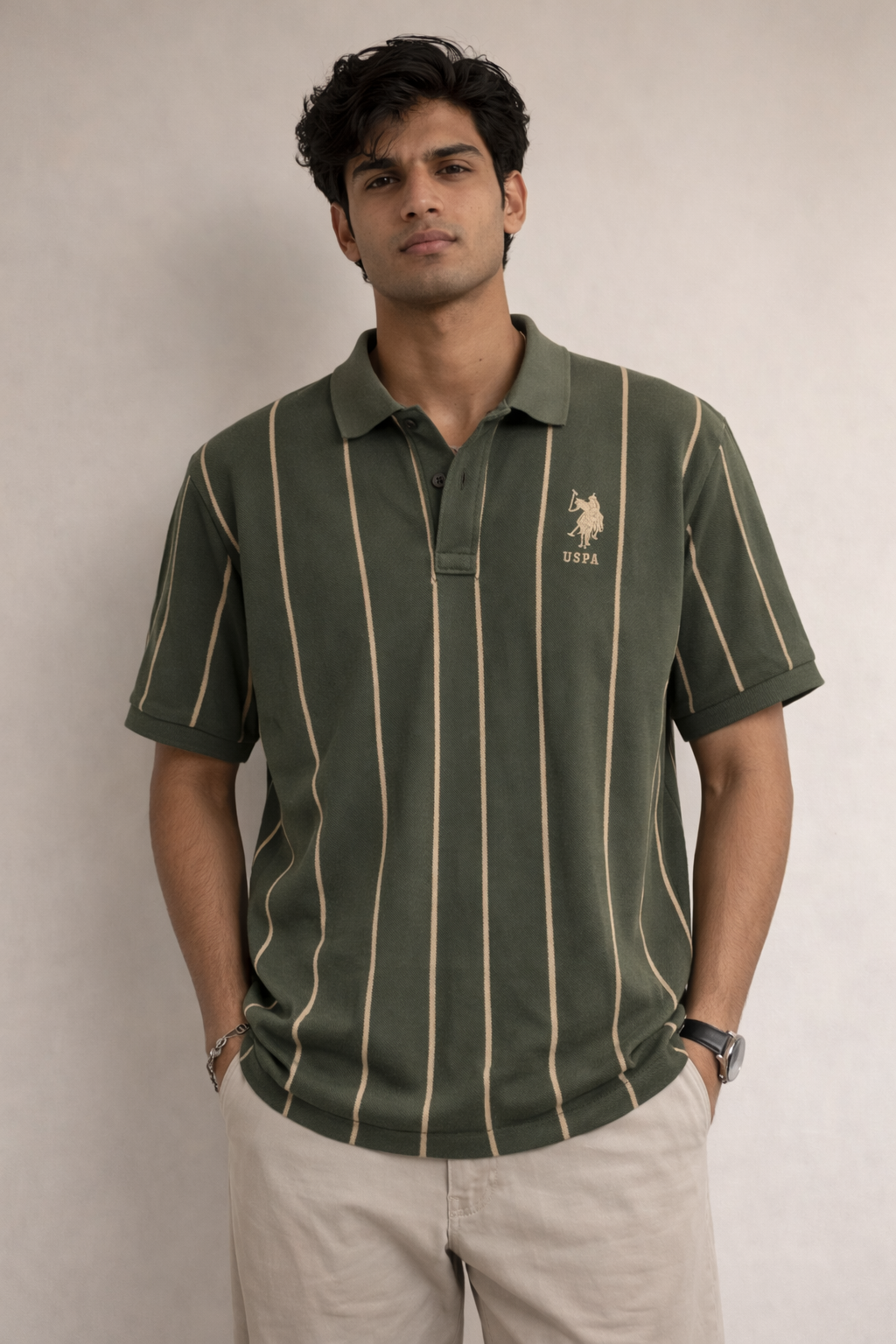 U.S. Polo Assn. Men’s Olive Green Vertical Stripe Polo