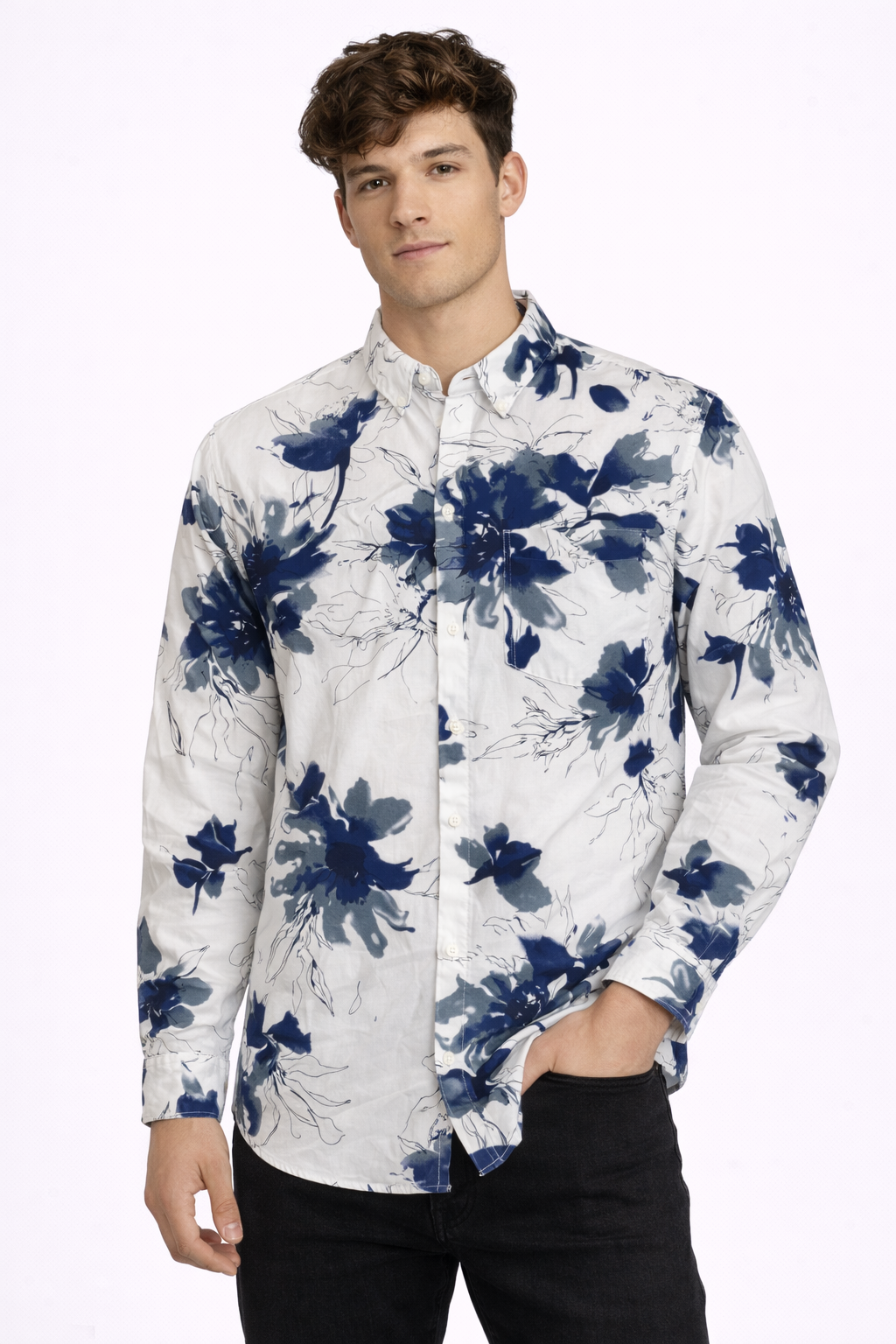 Men’s Watercolor Floral Print Oxford Indigo & White Artistic Botanical