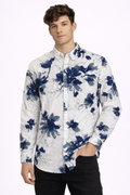 Men’s Watercolor Floral Print Oxford Indigo & White Artistic Botanical
