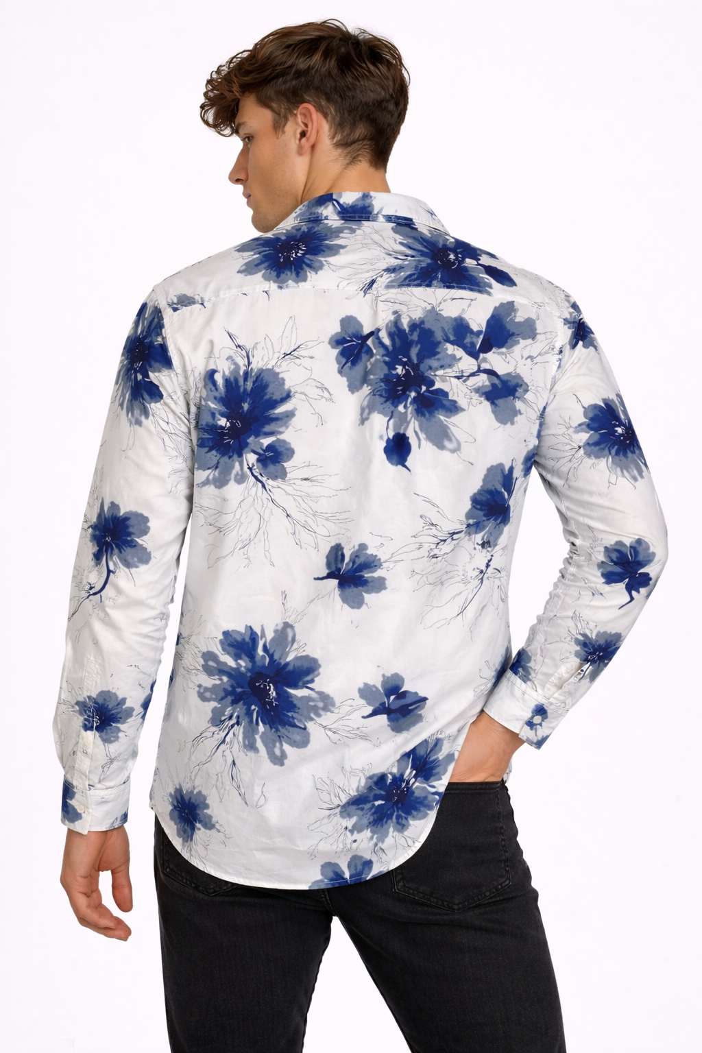 Men’s Watercolor Floral Print Oxford Indigo & White Artistic Botanical