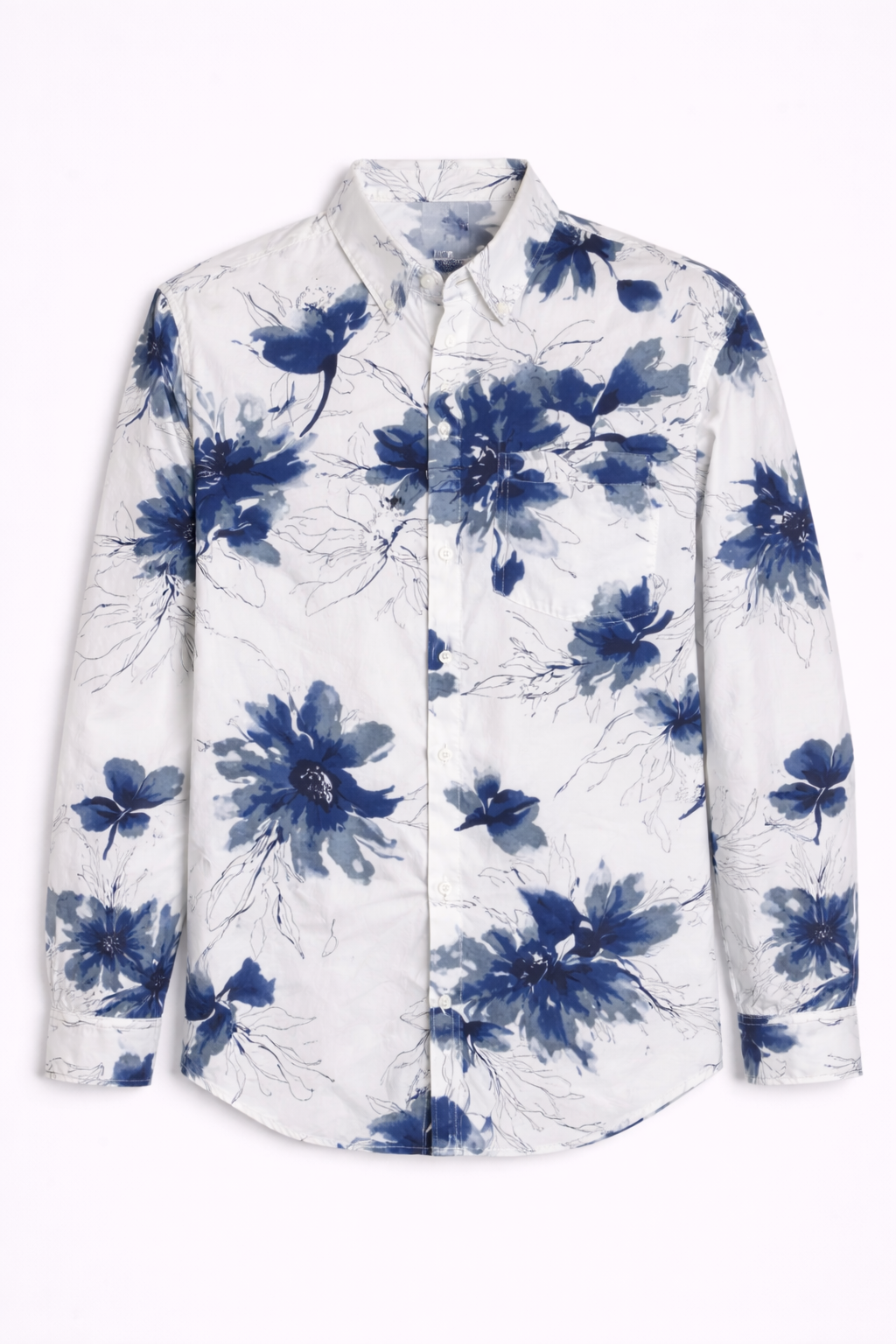 Men’s Watercolor Floral Print Oxford Indigo & White Artistic Botanical