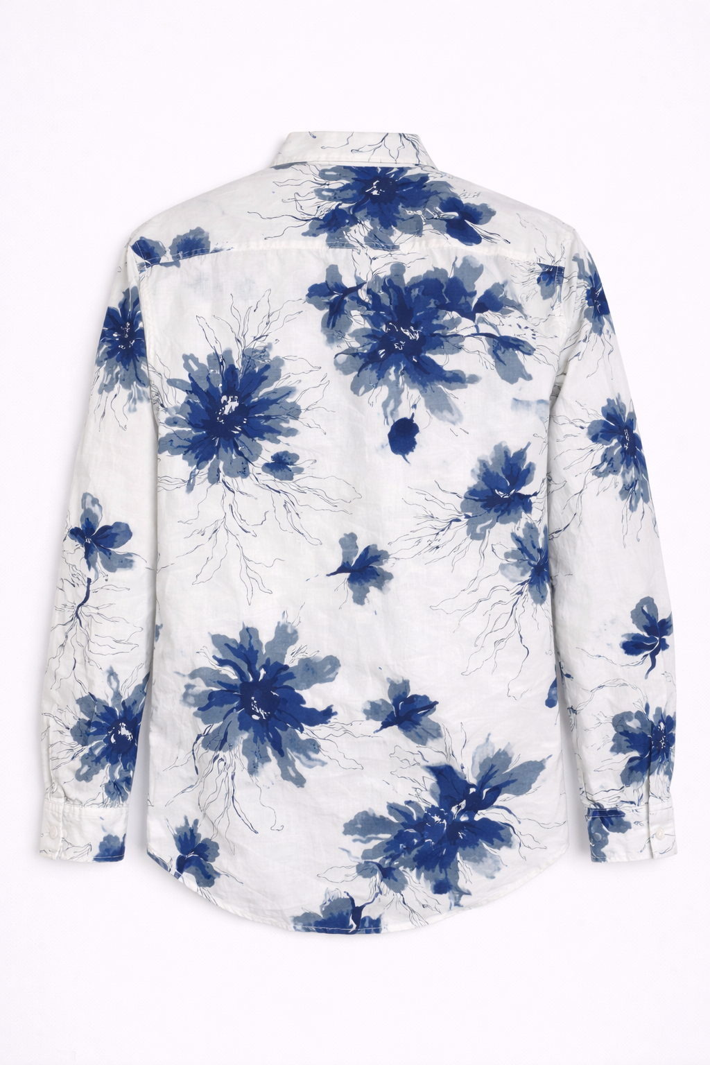 Men’s Watercolor Floral Print Oxford Indigo & White Artistic Botanical