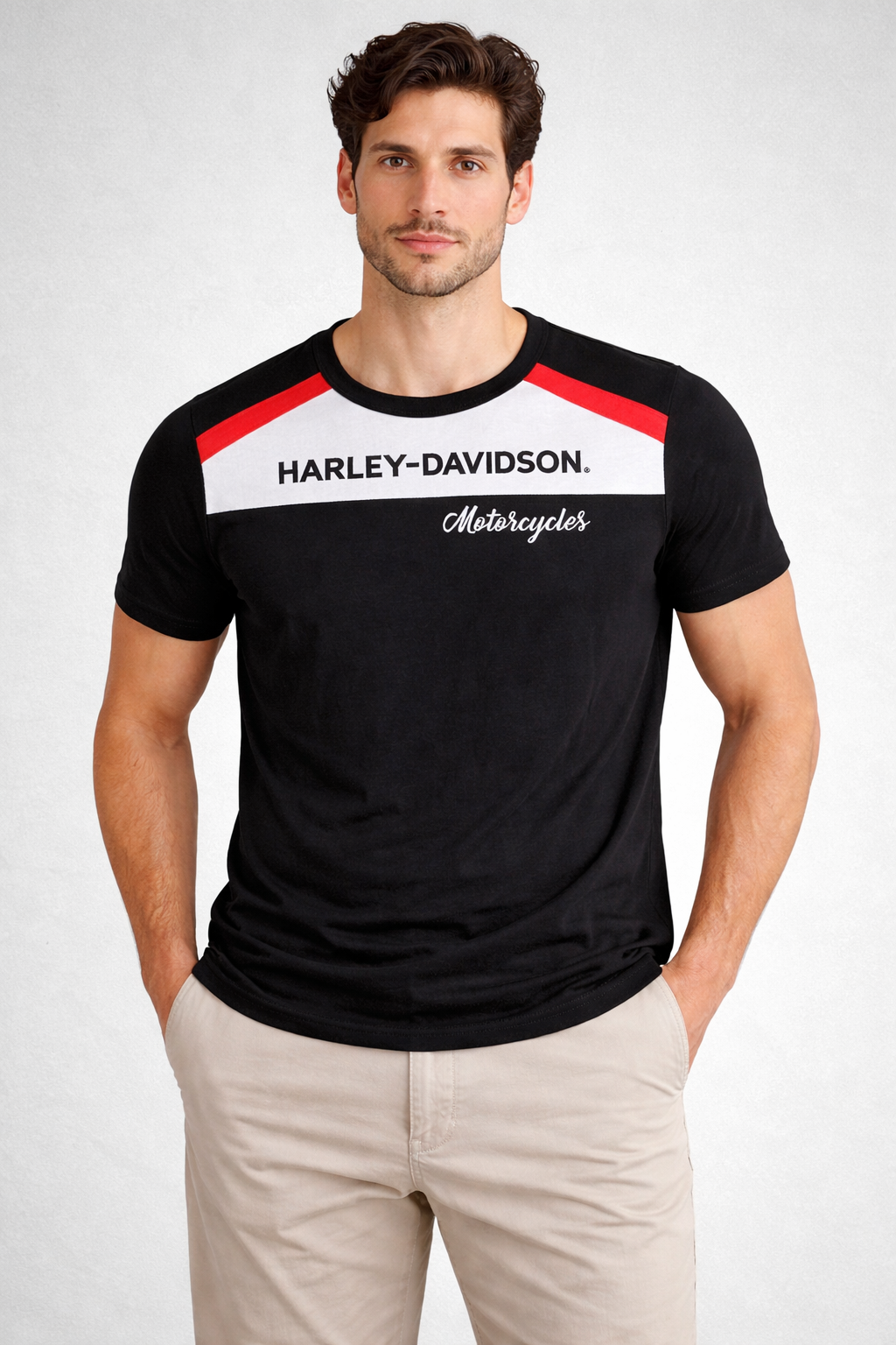 Black Colour block T-Shirt with White Panel & Red Accents