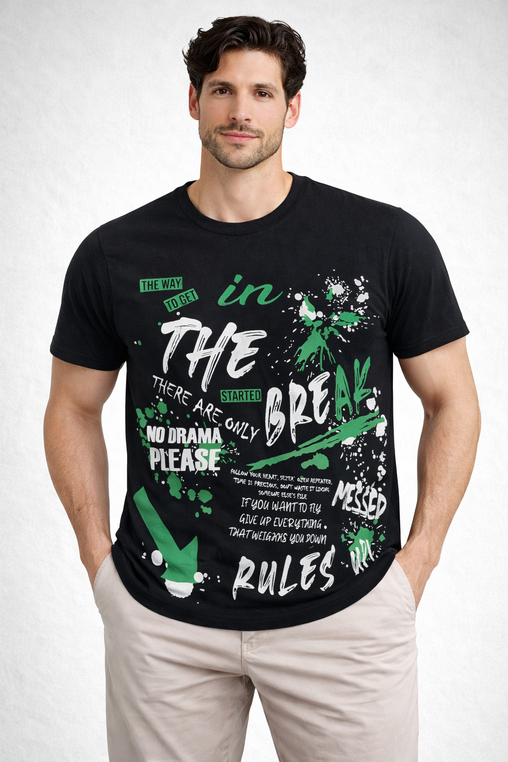 Black Graphic Print T-Shirt with Green & White Typography