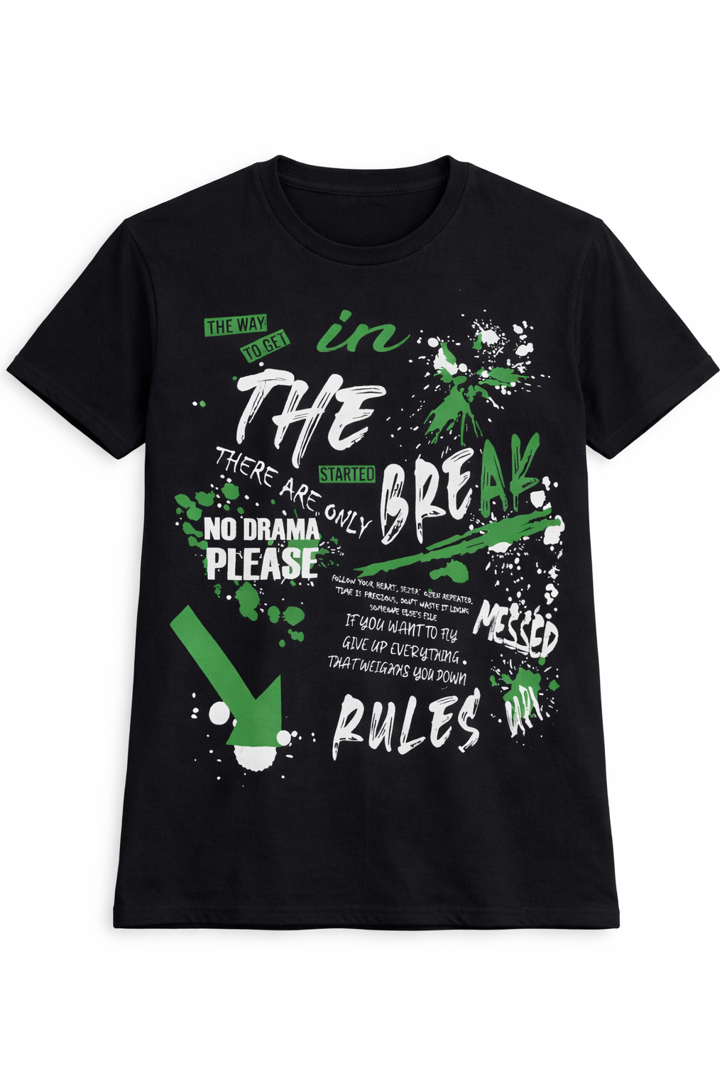 Black Graphic Print T-Shirt with Green & White Typography