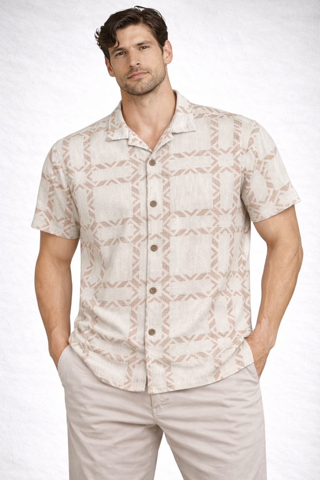Beige Geometric Print Short Sleeve Shirt