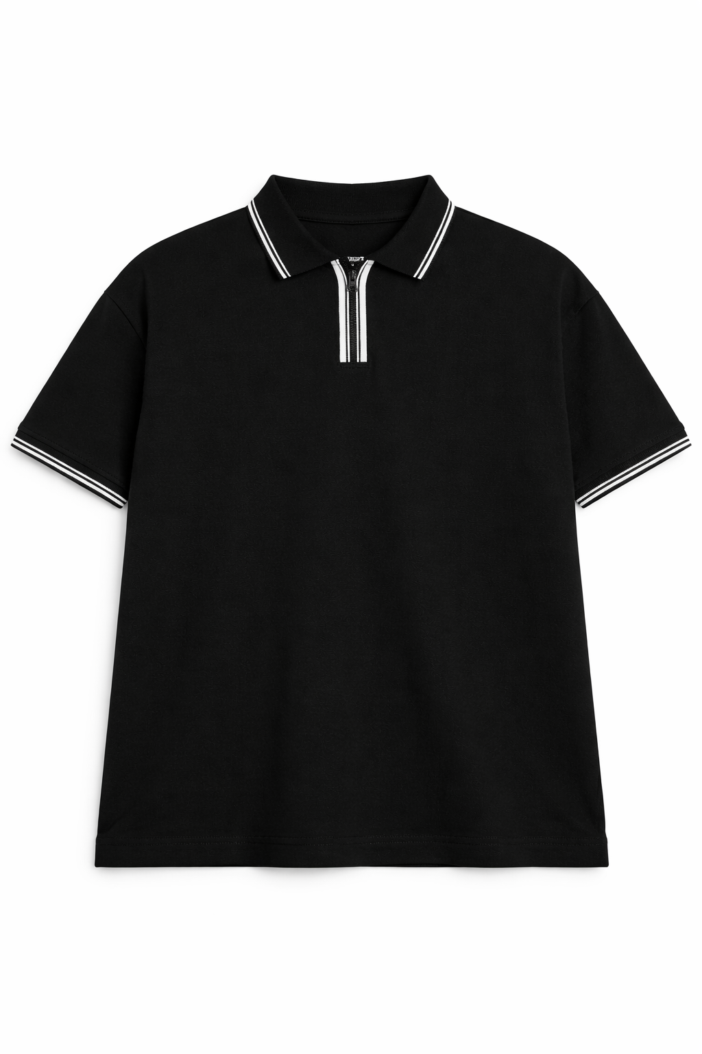 Black Boxy Fit Tipped Zip Polo