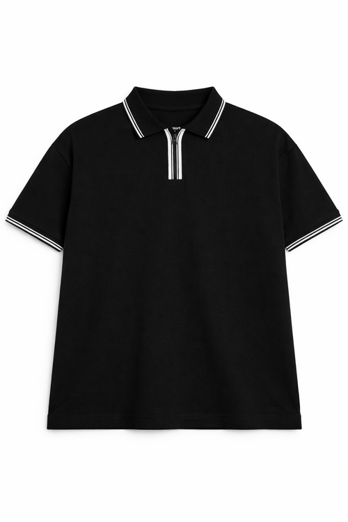 Black Boxy Fit Tipped Zip Polo