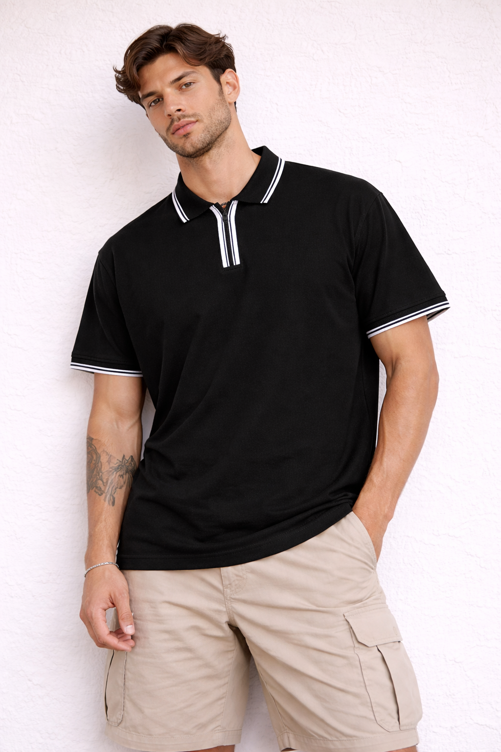 Black Boxy Fit Tipped Zip Polo