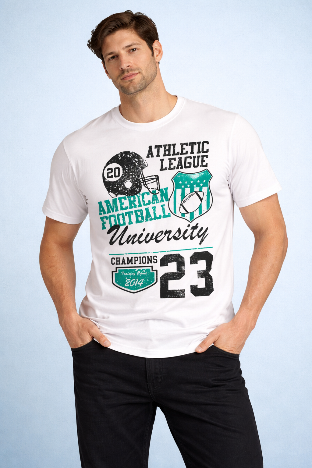 White Athletic League Graphic Tee with Green & Black Print
