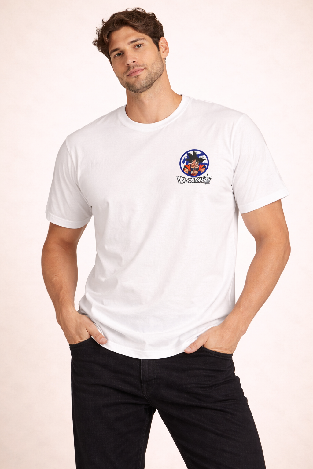 White Dragon Ball Graphic Tee with Multicolor Print