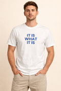 White Graphic Tee with Blue Statement Print