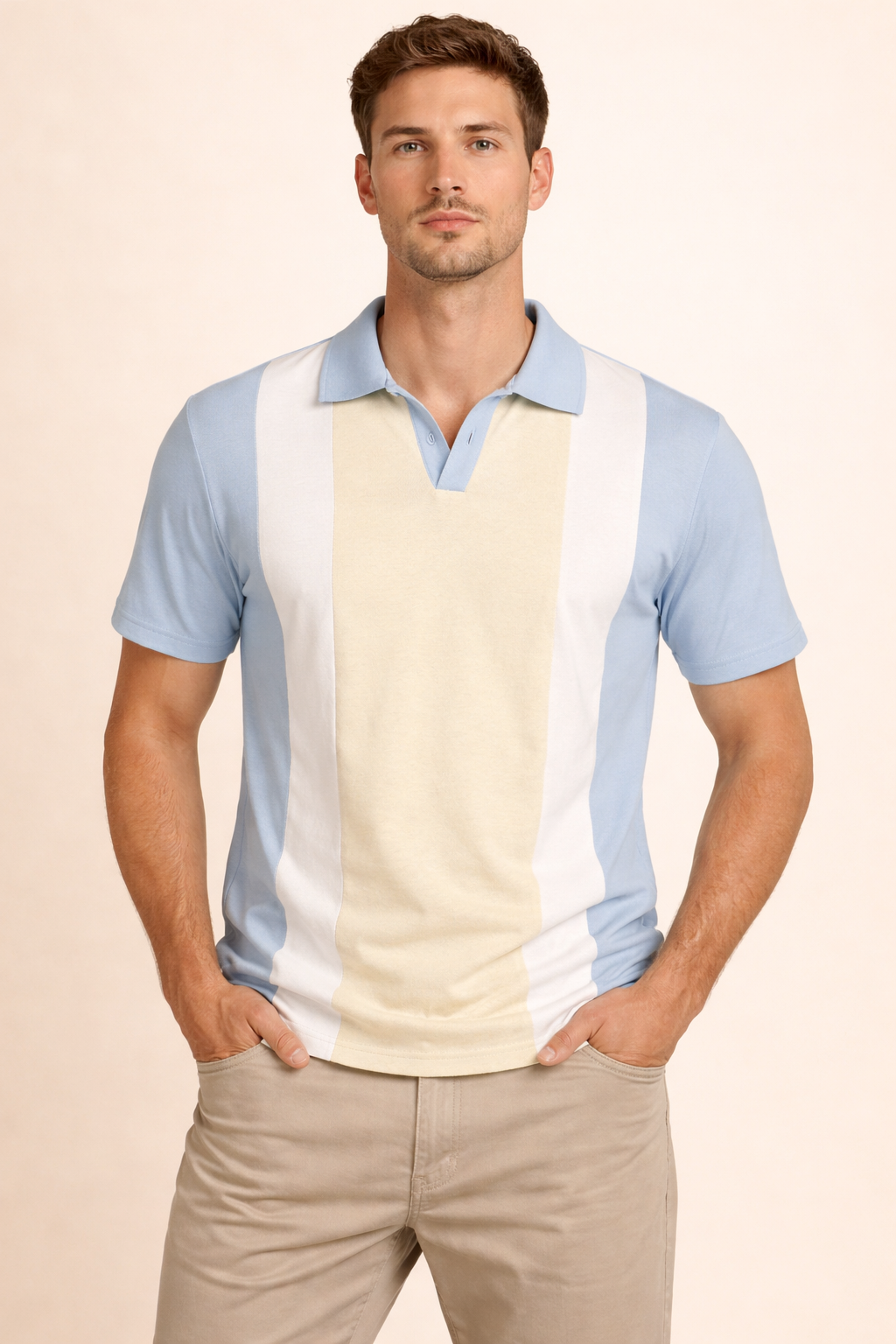 Vintage-Inspired Block Stripe Johnny Collar Polo