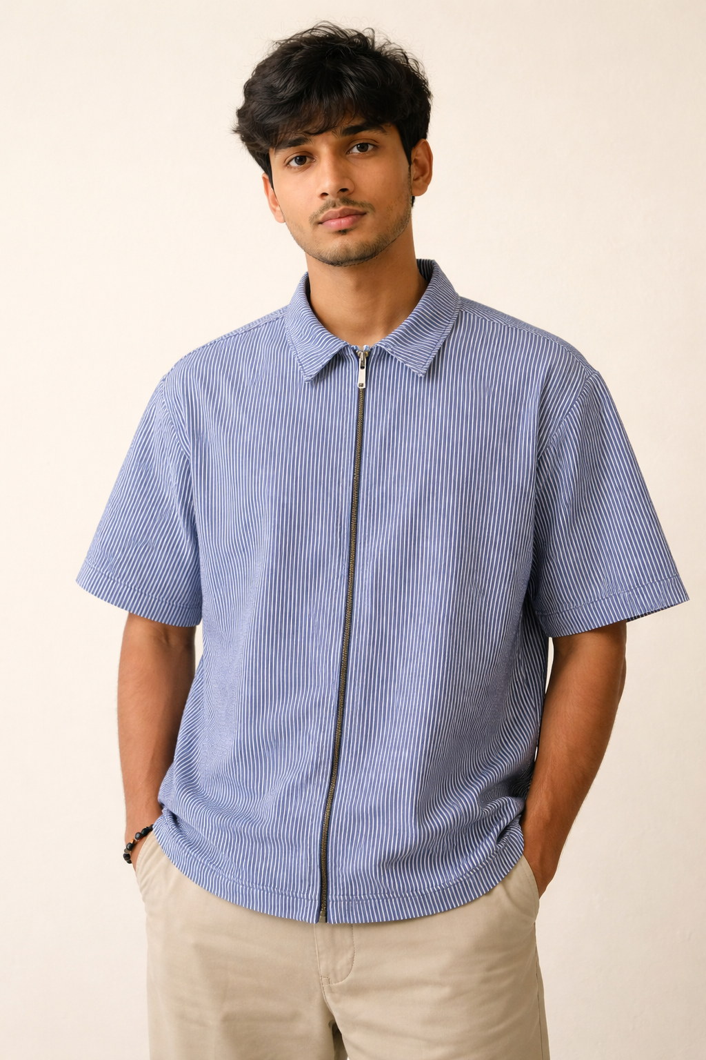Sky Blue Pinstripe Boxy Fit Zip Shirt
